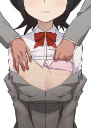 Rule 34 | 1boy, 1girl, black hair, bleach, blush, bow, bowtie, bra, bra lift, breasts, clothes lift, embarrassed, grabbing, grabbing another&#039;s breast, head out of frame, highres, kuchiki rukia, lifting another&#039;s clothes, long sleeves, male hand, morisobo, nipples, offscreen person, open clothes, school uniform, shirt, shirt lift, short hair, simple background, small breasts, solo focus, standing, underwear, upper body, white background