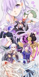 Rule 34 | 6+girls, backless outfit, bandage over one eye, bb (fate), bb (fate/extra), fate/grand order, fate (series), gloves, highres, kagari452, multiple arms, multiple girls, navel, purple eyes, purple hair, sleeves past wrists, white gloves, white hair