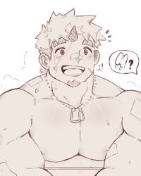 Rule 34 | akiha gongen (housamo), bandages, bandaid, bandaid on face, bandaid on nose, bara, bare pectorals, blush, food, happy, horns, kiekoio, male focus, multicolored hair, muscular, muscular male, orange eyes, pectorals, popsicle, scar, single horn, smile, steaming body, tokyo houkago summoners, two-tone hair