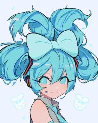 Rule 34 | 1girl, absurdres, alternate hairstyle, aqua eyes, aqua hair, bare shoulders, blue bow, blue eyes, blue hair, blue necktie, bow, cinnamiku, closed mouth, grey background, hair bow, hair rings, hatsune miku, headphones, headset, heart, highres, hsuhsu heart, long hair, looking at viewer, necktie, shirt, simple background, smile, solo, twintails, updo, upper body, vocaloid, white background