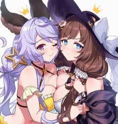 Rule 34 | 2girls, aki663, asymmetrical docking, blue eyes, blue hair, breast press, breasts, brown hair, collarbone, granblue fantasy, hair ornament, hat, large breasts, long hair, looking at viewer, multiple girls, one eye closed, pink eyes, post guild war celebration, raziel (granblue fantasy), raziel (summer) (granblue fantasy), satyr (granblue fantasy), simple background, smile, white background