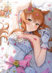 Rule 34 | 1girl, absurdres, animal ears, arm up, armpits, bare shoulders, bead bracelet, beads, bed sheet, blush, bouquet, bow, bracelet, breasts, choker, closed mouth, commentary request, dress, flower, gloves, hair flower, hair ornament, heart, heart hair ornament, highres, horse ears, jewelry, long hair, looking at viewer, lying, mayano top gun (umamusume), medium breasts, on back, on bed, orange hair, petals, pink bow, pink flower, pink rose, rose, rose petals, smile, solo, strapless, strapless dress, taiga (ryukyu-6102-8), umamusume, upper body, wedding dress, white choker, white dress, white gloves, yellow eyes