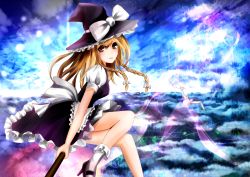 Rule 34 | 1girl, bad id, bad pixiv id, bird, blonde hair, bow, braid, flying, hair bow, hair ornament, hair ribbon, hat, henet hene, kirisame marisa, long hair, looking at viewer, parted lips, ribbon, seagull, sitting, smile, solo, touhou, twin braids, wind, witch hat