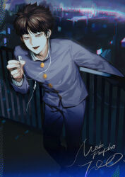 Rule 34 | 1boy, absurdres, against railing, black hair, blue jacket, blue pants, blunt bangs, buttons, chinese commentary, chino1048, city, collared jacket, collared shirt, commentary request, copyright name, debris, earbuds, earphones, feet out of frame, fingernails, gakuran, grey eyes, highres, holding, jacket, kageyama shigeo, layered sleeves, leaning forward, long sleeves, looking at viewer, male focus, mob psycho 100, night, open mouth, outdoors, pants, railing, school uniform, shirt, short hair, smile, solo, vignetting, white shirt