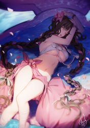 Rule 34 | 1girl, bare shoulders, bikini, black hair, blush, bracelet, braid, breasts, cleavage, facial mark, fate/grand order, fate (series), flower, forehead mark, genyaky, hair flower, hair ornament, highres, jewelry, large breasts, long hair, looking at viewer, lying, multicolored hair, navel, necklace, on side, open mouth, parted bangs, pearl bracelet, pearl necklace, petals, pink hair, sarong, sessyoin kiara, sessyoin kiara (swimsuit mooncancer), sessyoin kiara (swimsuit mooncancer) (first ascension), shell, shell necklace, streaked hair, swimsuit, tattoo, thighs, twin braids, very long hair, water, white bikini, yellow eyes