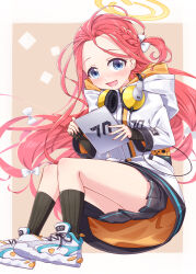 Rule 34 | 1girl, black skirt, black socks, blue archive, blue eyes, bow, braid, commentary, hair bow, halo, handheld game console, harada (sansei rain), headphones, headphones around neck, highres, holding, holding tablet pc, jacket, kneehighs, long hair, long sleeves, messy hair, one side up, open mouth, pleated skirt, shoes, skirt, sneakers, socks, solo, tablet pc, very long hair, white bow, white footwear, white jacket, yellow halo, yuzu (blue archive)