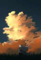 Rule 34 | 1girl, absurdres, alternate hair length, alternate hairstyle, animal ears, arms at sides, clothing cutout, cloud, detached sleeves, evening, facing away, floating hair, hat, highres, inubashiri momiji, long hair, long skirt, long tail, oubachiago, outdoors, procreate (medium), scenery, shirt, skirt, sky, sleeves past fingers, sleeves past wrists, solo, standing, tail, tail through clothes, touhou, very long hair, white hair, wide sleeves, wind, wolf ears, wolf girl, wolf tail
