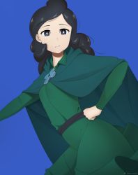 Rule 34 | 1girl, absurdres, artist name, black eyes, black hair, blue background, breasts, cape, deroops, dress, green cape, green dress, hand on own hip, highres, long hair, long sleeves, looking at viewer, miranjo, ousama ranking, simple background, small breasts, solo, standing, swept bangs