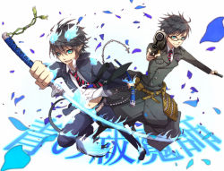 Rule 34 | 2boys, ao no exorcist, blue eyes, brothers, flame-tipped tail, flaming sword, flaming weapon, glasses, gun, male focus, multiple boys, okumura rin, okumura yukio, pointy ears, school uniform, short hair, siblings, sword, tail, weapon