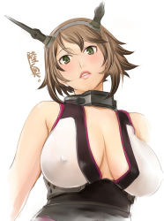 Rule 34 | 10s, 1girl, breasts, brown hair, covered erect nipples, green eyes, highres, kantai collection, large breasts, lips, looking at viewer, looking down, mutsu (kancolle), parted lips, short hair, shoumaru (gadget box), simple background, solo, translated, white background