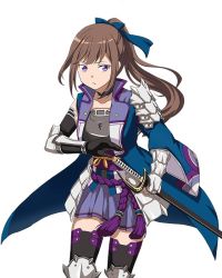 Rule 34 | 10s, 1girl, armor, armored boots, black gloves, black thighhighs, blue ribbon, blue skirt, boots, breastplate, brown hair, character request, collarbone, cowboy shot, elbow gloves, floating hair, gloves, hair ribbon, holding, holding sword, holding weapon, long hair, looking at viewer, miniskirt, pleated skirt, ponytail, purple eyes, ribbon, sheath, sheathed, simple background, skirt, solo, standing, sword, sword art online, thigh boots, thighhighs, very long hair, weapon, white background, zettai ryouiki