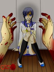 Rule 34 | 1girl, artist request, blood, blood on hands, blue eyes, blue hair, clenched teeth, copyright name, corpse party, long hair, looking at viewer, panties, pantyshot, pov, scared, school uniform, shinozaki ayumi, short twintails, sitting, teeth, turn pale, twintails, underwear