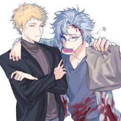 Rule 34 | 2boys, atou haruki, bag, black jacket, blonde hair, blood, blood on clothes, blood on face, blue eyes, brown sweater, closed eyes, closed mouth, crossed arms, doughnut, food, food in mouth, glasses, grey hair, grey shirt, hand on another&#039;s shoulder, highres, holding, holding bag, jacket, kanou aogu, lab coat, long sleeves, male focus, multiple boys, one eye closed, open clothes, open jacket, paper bag, qianyouyelan, ribbed sweater, saibou shinkyoku, shirt, short hair, simple background, smile, spoken star, star (symbol), sweat, sweater, turtleneck, turtleneck sweater, white background