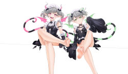 Rule 34 | 2girls, absurdres, arianna the labrynth servant, arianne the labrynth servant, barefoot, crossed legs, demon tail, demon wings, feet, green eyes, green hair, highres, horns, light blush, long hair, looking at viewer, multiple girls, open mouth, pink eyes, pointy ears, sitting, soles, striped tail, tail, toes, twintails, white background, wings, yu-gi-oh!