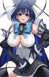 Rule 34 | 1girl, absurdres, black gloves, black shirt, black skirt, black sleeves, black thighhighs, blue bow, blue bowtie, blue cape, blue eyes, blue hair, bow, bow earrings, bowtie, breasts, cape, chain headband, clothing cutout, cropped shirt, detached sleeves, earrings, fangs, frilled skirt, frilled sleeves, frills, gloves, h4kuuua 0, hair intakes, half-skirt, halo, hand on own hip, heart-shaped gem, highres, hololive, hololive english, jewelry, juliet sleeves, large breasts, light blush, long sleeves, looking at viewer, mechanical halo, miniskirt, ouro kronii, ouro kronii (1st costume), pinstripe pattern, pinstripe shirt, pinstripe skirt, puffy sleeves, sailor collar, shirt, short hair, simple background, sitting, skindentation, skirt, sleeveless, sleeveless shirt, smile, solo, teeth, thighhighs, underboob cutout, virtual youtuber, white background, white sailor collar, white shirt, white veil, zipper, zipper pull tab