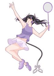 Rule 34 | 1girl, nanashi inc., alternate costume, arm up, armpits, badminton racket, black hair, blunt bangs, blush, breasts, commentary request, demon girl, demon horns, demon tail, full body, highres, holding, holding racket, horns, jumping, kojo anna, long hair, looking up, medium breasts, midriff, multicolored hair, navel, open mouth, pink skirt, pointy ears, purple footwear, purple hair, purple tank top, racket, robou no stone, shoes, simple background, skirt, sneakers, solo, sportswear, sugar lyric, tail, tank top, tennis uniform, twintails, two-tone hair, virtual youtuber, white background, yellow eyes
