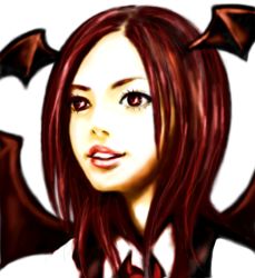 Rule 34 | 1girl, bat wings, embodiment of scarlet devil, female focus, head wings, koakuma, red eyes, red hair, run (rrrrun), solo, touhou, white background, wings