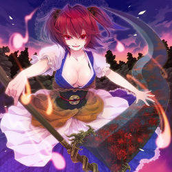 Rule 34 | 1girl, breasts, cleavage, dusk, female focus, floral print, flower, ghost, hair bobbles, hair ornament, large breasts, last c, nature, onozuka komachi, outdoors, red eyes, red hair, scythe, short hair, sky, solo, spider lily print, touhou, twintails, two side up, weapon, yukimichi (nieko)