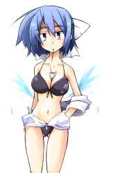 Rule 34 | 1girl, between breasts, bikini, black bikini, blue eyes, blue hair, bow, breasts, cleavage, female focus, food, front-tie top, hair bow, hemogurobin a1c, hemogurobina1c, jitome, large breasts, mai (touhou), matching hair/eyes, mouth hold, mystic square, navel, open clothes, pocky, short hair, solo, swimsuit, touhou, touhou (pc-98), wings