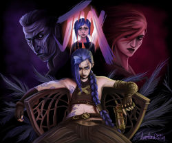 Rule 34 | 1boy, 3girls, absurdres, aged down, arcane: league of legends, arcane jinx, arcane vi, asymmetrical bangs, aventad art, bare shoulders, blue hair, blue nails, braid, breasts, brown pants, chair, character name, cloud tattoo, commentary, dated, fingerless gloves, gloves, highres, jinx (league of legends), league of legends, long hair, looking at viewer, multiple girls, nail polish, pants, powder (arcane), red background, red hair, scar, scar across eye, scar on face, short hair, signature, silco (arcane), single braid, sitting, striped clothes, striped pants, tattoo, vi (league of legends)