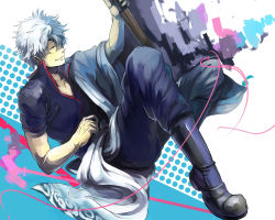 Rule 34 | 1boy, bad id, bad pixiv id, bokken, gintama, highres, japanese clothes, male focus, nolife, red eyes, sakata gintoki, silver hair, solo, sword, weapon, wooden sword