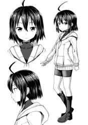Rule 34 | 1girl, ahoge, bad id, bad twitter id, bike shorts, boots, closed mouth, commentary request, contrapposto, expressionless, flat chest, greyscale, hair between eyes, hood, hood down, hoodie, linne, long sleeves, looking at viewer, monochrome, multiple views, poncocchan, profile, short hair, standing, under night in-birth