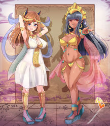 2girls animal_ears armlet arms_behind_head astarte_(castlevania) bikini black_hair blue_eyes bracelet breasts brown_hair cameltoe castlevania:_portrait_of_ruin castlevania_(series) charlotte_aulin cleavage dark_skin dress earrings egyptian egyptian_clothes fake_animal_ears gold gold_bikini hair_ornament harimao_(hanzou_uji) highres jewelry long_hair looking_at_viewer multiple_girls nail_polish navel red_eyes revealing_clothes sandals see-through see-through_dress swimsuit white_dress