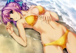 Rule 34 | 10s, 1girl, absurdres, ahoge, armpits, bare shoulders, beach, bikini, breasts, cleavage, day, fingernails, from above, front-tie bikini top, front-tie top, groin, hair intakes, hair ribbon, hand on own stomach, highres, hinata hanabi, koutaro, lying, navel, on back, outdoors, parted lips, pink hair, ponytail, red eyes, ribbon, sand, skindentation, solo, swimsuit, tropical kiss, yellow bikini