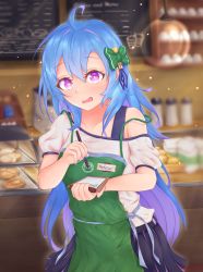Rule 34 | 1girl, absurdres, alternate costume, apron, azur lane, blue hair, blue nails, blurry, blurry background, bow, character name, green apron, green bow, hair bow, helena (azur lane), highres, holding, holding pen, iced latte with breast milk (meme), indoors, kyl490, long hair, looking at viewer, meme, multicolored hair, nail polish, notepad, pen, purple eyes, purple hair, purple skirt, shirt, short sleeves, skirt, standing, two-tone hair, white shirt