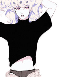 Rule 34 | 1boy, androgynous, arms up, blonde hair, giorno giovanna, jojo no kimyou na bouken, looking to the side, male focus, navel, parted lips, pink eyes, simple background, solo, turtleneck, underwear, white background, zakki
