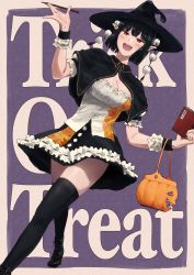 Rule 34 | 1girl, absurdres, basket, black capelet, black footwear, black hair, black skirt, black thighhighs, blunt bangs, boots, breasts, capelet, cleavage, english text, frills, halloween, halloween costume, hand up, hat, high heel boots, high heels, highres, jack-o&#039;-lantern, open mouth, pointy ears, red eyes, shameimaru aya, shirt, short hair, skirt, smile, solo, tebukuro withana, thighhighs, touhou, trick or treat, white shirt, witch hat