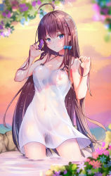 Rule 34 | 1girl, absurdres, aden 07, ahoge, blue bow, blue flower, blurry, blurry background, blurry foreground, blush, bow, breasts, brown hair, bug, butterfly, butterfly on hand, choker, closed mouth, collarbone, cowboy shot, dress, flower, frown, gluteal fold, hair between eyes, hair bow, hair ornament, highres, insect, long hair, medium breasts, nipples, no bra, no panties, original, pink flower, purple choker, purple eyes, purple flower, pussy juice, see-through, short dress, sleeveless, sleeveless dress, solo, standing, sundress, very long hair, wading, wet, wet clothes, wet dress, white dress, white flower