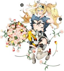 Rule 34 | 1girl, akira (kadokawa), blonde hair, blue eyes, blue shirt, bra, breasts, burnt clothes, collared shirt, flower, full body, gambier bay (kancolle), gloves, hair between eyes, hairband, kantai collection, large breasts, long hair, official art, open mouth, shirt, short sleeves, solo, tears, thighhighs, torn clothes, transparent background, twintails, underwear, white thighhighs