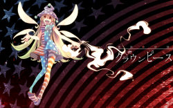 Rule 34 | 1girl, :d, american flag dress, american flag legwear, aoi kujira, blonde hair, character name, clownpiece, fairy wings, gradient background, hat, highres, jester cap, long hair, open mouth, pantyhose, red eyes, smile, solo, striped background, striped clothes, striped pantyhose, torch, touhou, very long hair, wallpaper, wings