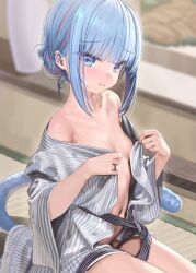 Rule 34 | 1girl, bare shoulders, blue eyes, blue hair, breasts, cat tail, closed mouth, collarbone, commentary request, dot nose, highres, indie virtual youtuber, indoors, japanese clothes, kanzarin, kanzarin (vtuber), kimono, light blue hair, looking at viewer, naked kimono, navel, open clothes, open kimono, small breasts, smile, solo, tail, virtual youtuber, wide sleeves