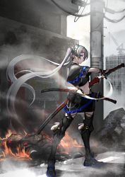 Rule 34 | 1girl, absurdres, android, asagon007, black capelet, black skirt, black thighhighs, blue eyes, boots, capelet, cityscape, commentary request, crane (machine), full body, grey hair, hair ornament, hairclip, highres, holding, holding sword, holding weapon, huge filesize, katana, long hair, midriff, miniskirt, original, outdoors, science fiction, sheath, sheathed, skirt, solo, sword, thigh boots, thighhighs, twintails, very long hair, weapon