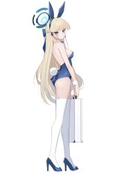 Rule 34 | 1girl, absurdres, animal ears, ass, backless leotard, bare shoulders, blonde hair, blue archive, blue bow, blue eyes, blue hairband, blue leotard, bow, bowtie, braid, breasts, briefcase, detached collar, earpiece, fake animal ears, fake tail, full body, hairband, halo, high heels, highleg, highleg leotard, highres, holding, holding briefcase, leotard, long hair, medium breasts, microphone, nanana narang, official alternate costume, official alternate hairstyle, playboy bunny, rabbit ears, rabbit tail, sideboob, simple background, solo, standing, tail, thighhighs, thighs, toki (blue archive), toki (bunny) (blue archive), very long hair, white background, white thighhighs