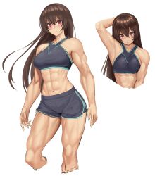 Rule 34 | 1girl, abs, blush, brown hair, cropped arms, cropped legs, cropped torso, hair between eyes, highres, long hair, looking at viewer, muscular, muscular female, original, ranma (kamenrideroz), red eyes, shorts, smile, sportswear, toned, white background