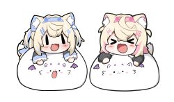 Rule 34 | &gt; &lt;, 2girls, absurdres, animal ear fluff, animal ears, bandaid, bandaid hair ornament, blonde hair, blue hair, blush stickers, chibi, commentary request, dog ears, dog girl, dog tail, fake horns, fuwawa abyssgard, hair ornament, hairclip, highres, hololive, hololive english, horns, korean commentary, light blue hair, long hair, lying, mococo abyssgard, multicolored hair, multiple girls, on stomach, open mouth, pink hair, short hair, simple background, smile, snowmya, streaked hair, tail, virtual youtuber, white background, x hair ornament, | |