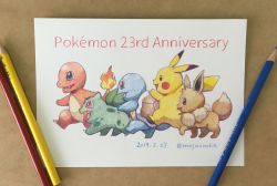 Rule 34 | anniversary, art tools in frame, artist name, blue eyes, brown eyes, bulbasaur, charmander, colored pencil (medium), creatures (company), dated, eevee, fangs, fire, flame-tipped tail, game freak, gen 1 pokemon, highres, mojacookie, nintendo, no humans, open mouth, photo (medium), pikachu, pokemon, pokemon (creature), profile, red eyes, simple background, smile, squirtle, starter pokemon trio, traditional media, twitter username, walking, white background