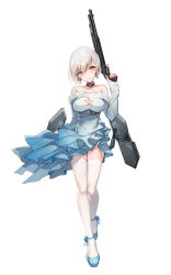 Rule 34 | 1girl, absurdres, bare shoulders, bison cangshu, black collar, blue dress, blue footwear, breasts, cleavage, cleavage cutout, clothing cutout, collar, collarbone, dress, earrings, frilled dress, frills, full body, garter straps, girls&#039; frontline, gun, hair between eyes, head tilt, high heels, highres, holding, holding weapon, jewelry, long sleeves, looking at viewer, low bore axis shotgun, medium breasts, o-ring, official alternate costume, official art, pump action, red eyes, rmb-93, rmb-93 (cross the milky way) (girls&#039; frontline), rmb-93 (girls&#039; frontline), shield module, shoes, short hair, shotgun, silver hair, simple background, smile, snowflakes, solo, star cutout, straight-on, strapless, strapless dress, thighhighs, trigger discipline, weapon, white background, white thighhighs, zettai ryouiki