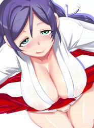 Rule 34 | 10s, 1girl, :p, blush, breasts, cleavage, clothes lift, covered erect nipples, curvy, female focus, from above, green eyes, inverted nipples, japanese clothes, konmori (kinbou sokai), large breasts, long hair, looking at viewer, looking up, love live!, love live! school idol festival, love live! school idol project, miko, naughty face, nipples, panties, puffy nipples, purple hair, see-through, simple background, skirt, skirt lift, smile, solo, thick thighs, thighhighs, thighs, tongue, tongue out, tojo nozomi, twintails, underwear, wide hips