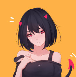 Rule 34 | 1girl, bare shoulders, black hair, black shirt, closed mouth, collarbone, commentary, demon girl, demon horns, demon tail, expressionless, hand on own chest, hand up, highres, horns, looking at viewer, off-shoulder shirt, off shoulder, orange background, original, red eyes, red horns, shimmer, shirt, short hair, simple background, solo, tail, upper body, yellow background