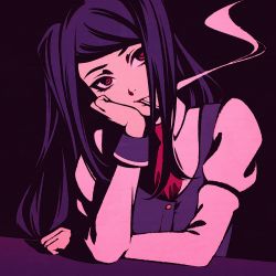 Rule 34 | 1girl, bartender, cigarette, head rest, jill stingray, juliet sleeves, long hair, long sleeves, moshimoshibe, necktie, puffy sleeves, purple hair, red eyes, red necktie, shirt, smoke trail, smoking, solo, swept bangs, table, twintails, va-11 hall-a, vest, white shirt