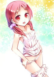 Rule 34 | 1girl, :d, bare shoulders, bloomers, bloomers pull, gochuumon wa usagi desu ka?, hair ornament, hair scrunchie, long hair, low twintails, natsu megumi, open mouth, panties, panty pull, pulling own clothes, red eyes, red hair, revision, scrunchie, smile, solo, twintails, underwear, undressing, white panties, yan (nicknikg)