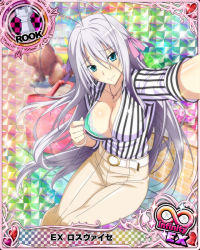 Rule 34 | 1girl, antenna hair, aqua bra, aqua eyes, blush, bra, bracelet, breasts, card (medium), character name, chess piece, closed mouth, embarrassed, hair ribbon, high school dxd, high school dxd infinity, jewelry, large breasts, long hair, official art, pants, pendant, reaching, reaching towards viewer, ribbon, rook (chess), rossweisse, selfie, shirt, silver hair, solo, striped clothes, striped shirt, trading card, underwear, very long hair