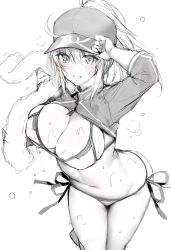 Rule 34 | 1girl, adjusting clothes, adjusting headwear, ahoge, arm up, artoria pendragon (fate), baseball cap, bikini, blue gk, blush, breasts, cleavage, fate/grand order, fate (series), greyscale, hair between eyes, hat, highres, hip focus, large breasts, long hair, looking at viewer, monochrome, mysterious heroine x (fate), mysterious heroine xx (fate), navel, parted lips, ponytail, shrug (clothing), side-tie bikini bottom, simple background, smile, solo, sweat, swimsuit, thighs, towel, white background