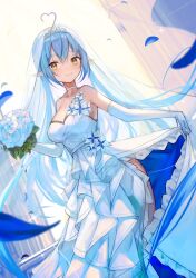 Rule 34 | 1girl, ahoge, alternate hairstyle, bare shoulders, blue hair, bouquet, breasts, bridal veil, bride, choker, cleavage, closed mouth, colored tips, double-parted bangs, dress, dutch angle, elbow gloves, falling petals, flower, frilled dress, frills, gloves, hair between eyes, heart, heart ahoge, highres, holding, holding bouquet, hololive, large breasts, long hair, looking at viewer, multicolored hair, petals, pointy ears, side slit, skirt hold, smile, solo, strapless, strapless dress, streaked hair, tiara, veil, very long hair, virtual youtuber, wedding dress, white choker, white dress, white gloves, xyunx, yellow eyes, yukihana lamy