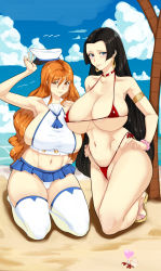 Rule 34 | 2girls, 47 hard, armpits, beach, bikini, black hair, blue eyes, blue sky, boa hancock, bracelet, breasts, cameltoe, cleavage, cloud, cloudy sky, collarbone, dress, earrings, hand on own hip, hands on own hips, hat, heart, highres, holding, holding clothes, holding hat, huge breasts, jewelry, knee up, kneeling, large breasts, long hair, looking at viewer, micro bikini, multiple girls, nami (one piece), navel, necklace, ocean, one piece, orange eyes, orange hair, palm tree, panties, red bikini, revealing clothes, sailor, sailor dress, sailor hat, sand, sideboob, sky, swimsuit, thighhighs, tree, underwear, white panties