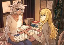 Rule 34 | 1boy, 1girl, animal ears, bishounen, black hairband, blonde hair, blue eyes, blue pants, book, bookshelf, breasts, brown shirt, caenis (fate), cape, chair, character doll, chest tattoo, dark-skinned female, dark skin, desk, fate/grand order, fate (series), grey cape, hairband, kirschtaria wodime, large breasts, long hair, looking at another, on desk, pants, purple eyes, reading, shirt, sitting, on desk, tattoo, tsengyun, very long hair, white hair, white shirt